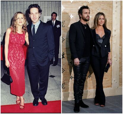 Los actores Jennifer Aniston y Paul Rudd en el estreno de 'Mucho Mas Que Amigos' en 1998. A la derecha, la actriz con su marido, el intérprete  Justin Theroux el pasado abril en París.