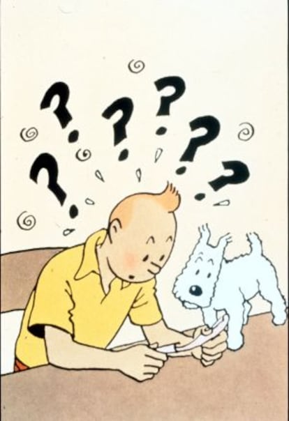 Tintín y su perrito Milú, en una viñeta de las aventuras del célebre reportero y detective.
