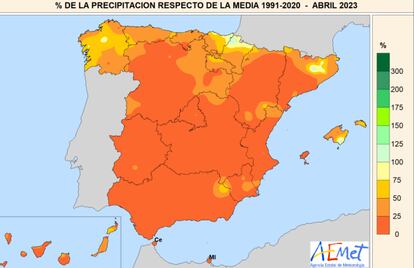 Mapa del porcentaje de precipitación recogido en España en el mes de abril respecto a la media.