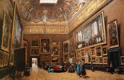 Aunque italiano de nacimiento, Castiglione desarroll su carrera en el ambiente academicista del siglo XIX en Pars. Este Gran Saln Carr del museo del Louvre daba cabida por entonces a las obras de los pintores de la Academia, y representa los cuadros tal como estaban expuestos