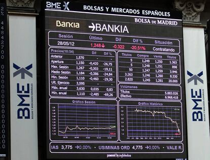 Paneles en la Bolsa de Madrid, el día en que la matriz de Bankia admitió pérdidas de 7.000 millones en 2011.