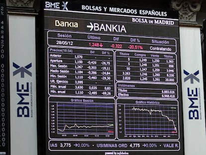 Paneles en la Bolsa de Madrid, el d&iacute;a en que la matriz de Bankia admiti&oacute; p&eacute;rdidas de 7.000 millones en 2011.  
 