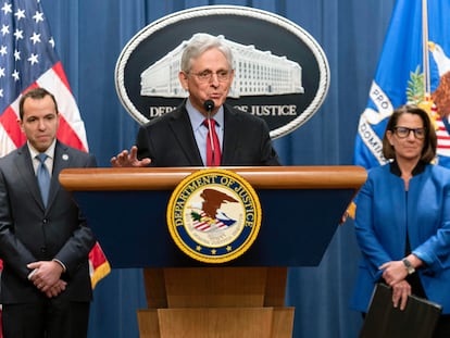 El fiscal general de Estados Unidos, Merrick Garland, este jueves durante una rueda de prensa en la sede del Departamento de Justicia en Washington.