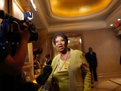 NEW YORK, NY - MARCH 22:  Singer Aretha Franklin speaks to the media at her 72nd Birthday Celebration at the Ritz Carlton on March 22, 2014 in New York City.  (Photo by J. Countess/Getty Images)