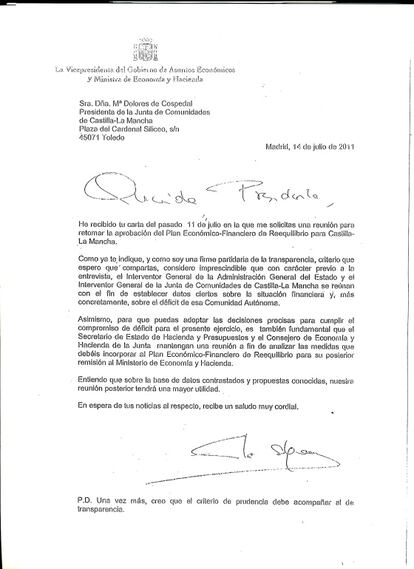 La carta de Salgado a Cospedal.