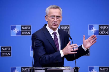 NATO Secretary General Jens Stoltenberg holds a press conference at the end of a two-day meeting of the alliance's Defence Ministers at the NATO headquarters in Brussels on February 15, 2023.