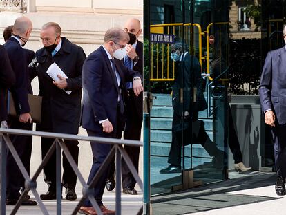 El expresidente de CaixaBank Isidro Fainé (a la izquierda, con papeles en la mano) y el presidente de Repsol, Antonio Brufau, este viernes.