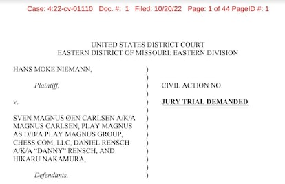 Primera página de la demanda presentada hoy por Niemann contra Carlsen y otros en un juzgado de Misuri (EEUU)