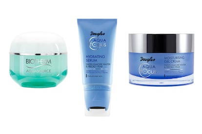 1. Aquasource Gel, de Biotherm. 31,95 euros. 2. Hydrating Serum Swiss Glacier Water, de Douglas Focus. 21,95 euros. 3. Moisturising Gel Cream, de Douglas. 21,95 euros.