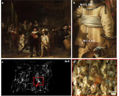 'La ronda de noche' de Rembrandt van Rijn, 1642, Rijksmuseum. En la imagen B, detalle de la zona del traje en la que el pintor usó el arsénico. En la C, indicación sobre el cuadro del uso de este material. La d es una imagen estereoscópica que detalla el punto.