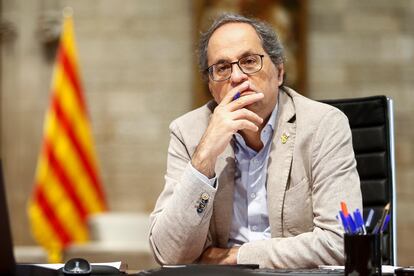 El presidente de la Generalitat, Quim Torra, durante una reunión telemática sobre la gestión del coronavirus en Cataluña.