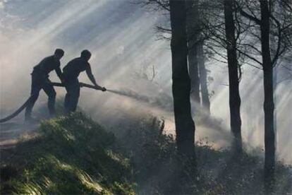 Dos bomberos atacan el fuego desatado ayer en el término municipal de Deba.