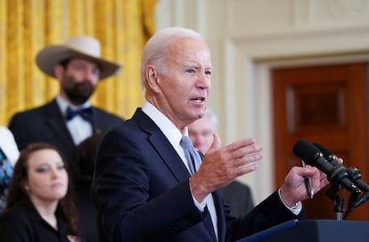 U.S. President Joe Biden delivers remarks during an event to celebrate the anniversary of his signing of the 2022 Inflation Reduction Act legislation, in the East Room of the White House in Washington, U.S., August 16, 2023.