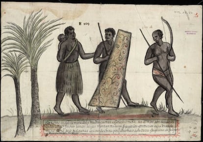 Dibujo de varios indígenas de la zona septentrional de la isla de Papúa o Nueva Guinea, con su armamento. [1606]. Papel manuscrito. Dibujo a pluma, coloreado. Hoja de 43 x 29 cm. Archivo General de Simancas, Valladolid