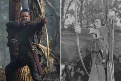 De izquierda a derecha, Russell Crowe y Errol Flynn, interpretando a Robin Hood.