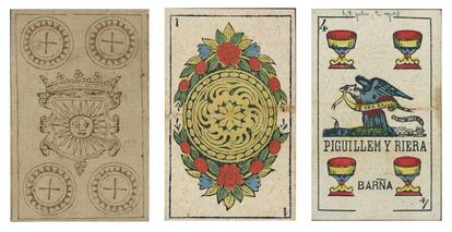 Mostres de cartes de fabricants barcelonins: Rotxotxo (esquerra), Torras i Lleó (1854) i Piguillem i Riera (1875).