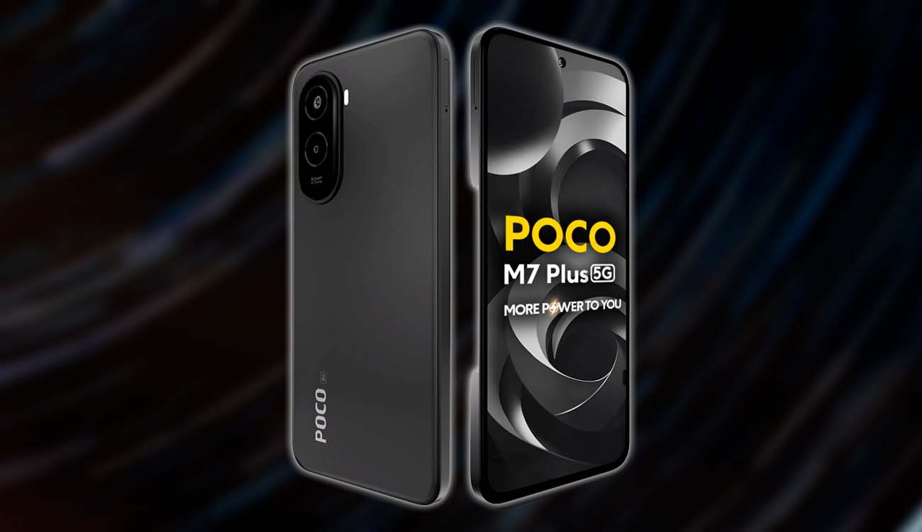 POCO M7 Plus 5G de color negro con fondo