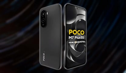 Nuevo POCO M7 Plus 5G  de color negro con imagen de fondo