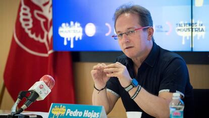 El secretario general de UGT-Fica, Pedro Hojas, durante la presentación este jueves en Madrid de las propuestas para la industria automovilística. 