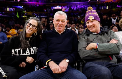 Owner Tony Ressler (C) of the Atlanta Hawks his wife Jami Gertz and actor Will Ferrell attend the Los Angeles Lakers and Atlanta Hawks basketball game at Crypto.com Arena on January 3, 2025 in Los Angeles, California
