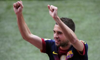 Jordi Alba durante su presentación con el Barcelona.