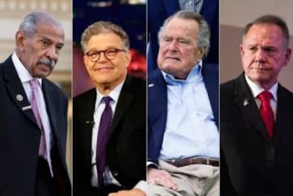 El congresista demócrata John Conyers, el senador demócrata Al Franken, el expresidente George Bush padre (republicano), y el candidato republicano al Senado por Alabama, Roy Moore. Todos han sido acusados de conducta impropia.