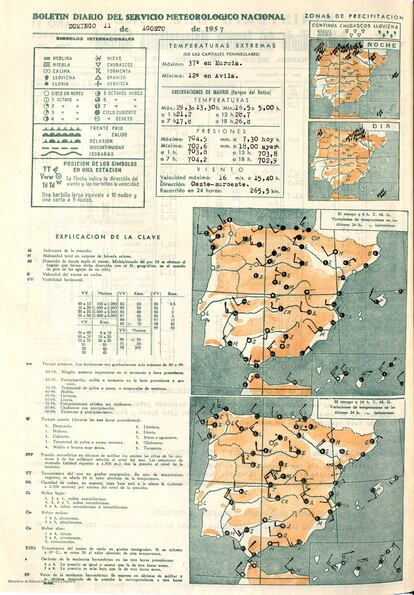Boletín Meteorológico del 11 de agosto de 1957, en el que la máxima fue de 37 grados en Murcia.