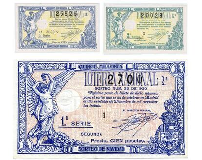 Los boletos de la Lotería Nacional de Navidad en la II República no correspondían a la décima parte de un billete, sino a una vigésima parte. Y tenían un diseño único, que recuerda a los títulos universitarios o notariales, y la imagen de una alegoría.