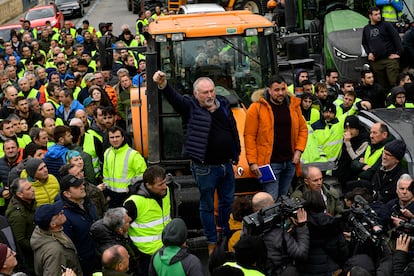 Farmers with their tractors attend a protest in Pamplona, northern Spain, Friday, Feb. 9, 2024.