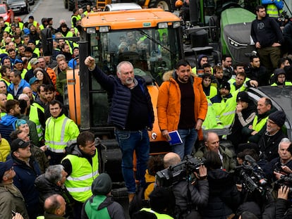 Farmers with their tractors attend a protest in Pamplona, northern Spain, Friday, Feb. 9, 2024.