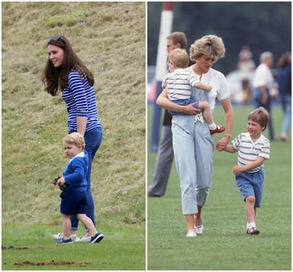 Kate Middleton y su hijo, en el club de polo Beaufort (Tetbury) en junio de 2015. La princesa Diana, con el príncipe Enrique en brazos y de la mano de Guillermo de Inglaterra, en 1987.