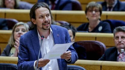 Pablo Iglesias durante la sesión de control al Gobierno en el Senado, el pasado 3 de marzo. 