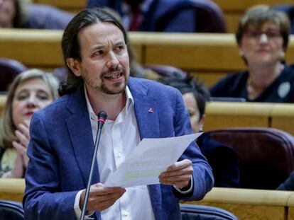 Pablo Iglesias durante la sesión de control al Gobierno en el Senado, el pasado 3 de marzo. 