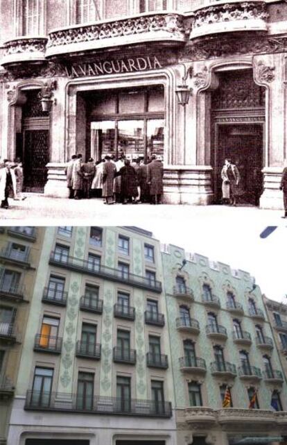 Arriba, el escaparate a la calle Pelayo de Barcelona del edificio de 'La Vanguardia', obra de Bohigas, Martorell y Mackay (1962). Abajo, vista general de la fachada. Actualmente es una tienda de ropa.