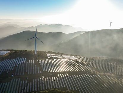 Wind turbines and photovoltaic solar panels in the Chinese province of Guizhou.
