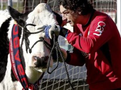 Ricardo, junto a una vaca durante el entrenamiento de hoy de Osasuna, en una campaña publicitaria.
