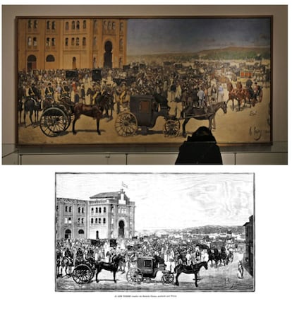 'A los toros', una enorme lienzo de Ramon Casas que en origen era mayor, tal y como se puede ver en el grabado publicado en 1887.