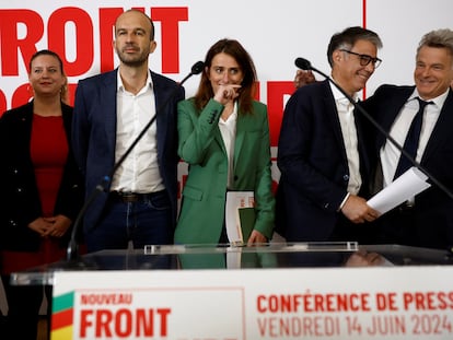 Los líderes de las formaciones de izquierda participantes en el denominado nuevo frente popular, este viernes en París.