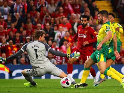 Salah marca el segundo gol del Liverpool al Norwich.