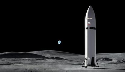 Recreación de un cohete de SpaceX en la luna