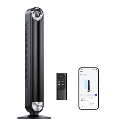Ventilador de torre inteligente sobre fondo blanco.