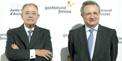 El presidente de Gas Natural Fenosa, Salvador Gabarr&oacute; (i), y el consejero delegado, Rafael Villaseca, posan minutos antes de la Junta General de Accionistas