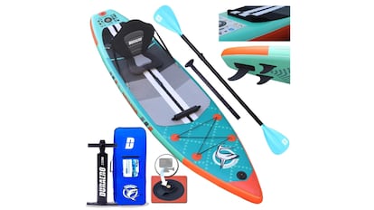 tabla de paddle surf hinchable con múltiples accesorios
