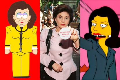 La auténtica Gloria Allred, en el centro. A La izquierda su caracterización en 'South Park'. A la derecha, en 'Los Simpson'.