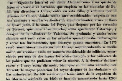 Pasaje del libro 'Observaciones sobre la Historia Natural, Geografía, Agricultura, Población, y Frutos del Reyno de Valencia' (1795-1797), escrito por Antonio Joseph Cavanilles.