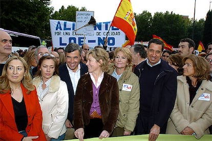 El secretario del PP de Libertades Públicas, Ignacio Astarloa; la secretaria de Política Social y Bienestar del PP, Ana Pastor; la esposa de Mariano Rajoy, Elvira Fernández; el secretario general, Ángel Acebes; la ex ministra Pilar del Castillo; la presidenta de la Comunidad de Madrid, Esperanza Aguirre; el portavoz en el Congreso del PP, Eduarzo Zaplana, y la concejala de Empleo y Servicios a la comunidad del Ayuntamiento de Madrid, Ana Botella, tras una pancarta en la que se lee <i>Por una educación en libertad. LOE no</i>.