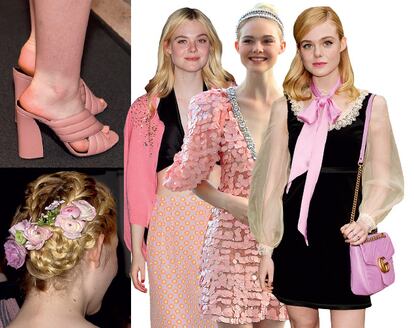 Sin resultar empalagosa, la actriz Elle Fanning apuesta por (y actualiza) la paleta rosa en numerosas ocasiones. Su piel clara y el pelo rubio permiten que le favorezca y potencie la imagen aniñada que conserva a sus 19 años. En la imagen, vestida de Prada, Miu Miu y Gucci.