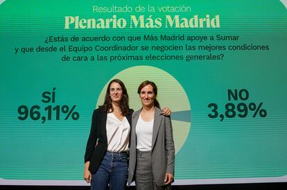 Mónica García y Rita Maestre de Más Madrid asisten a un plenario del partido en el Espacio Rastro en Madrid. 