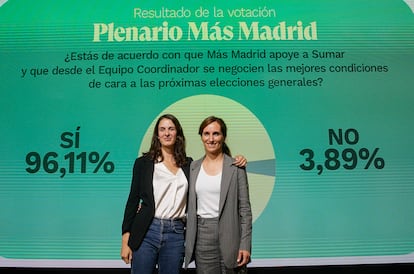 Mónica García y Rita Maestre de Más Madrid asisten a un plenario del partido en el Espacio Rastro en Madrid.