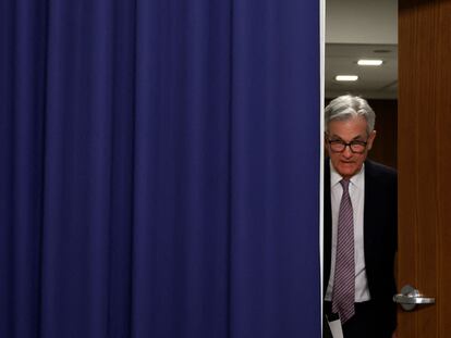 Federal Reserve Board Chairman Jerome Powell arrives to a news conference following a Federal Open Market Committee meeting on May 3, 2023, in Washington, DC.